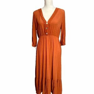 SHEIN Rust Button-Front Midi Dress